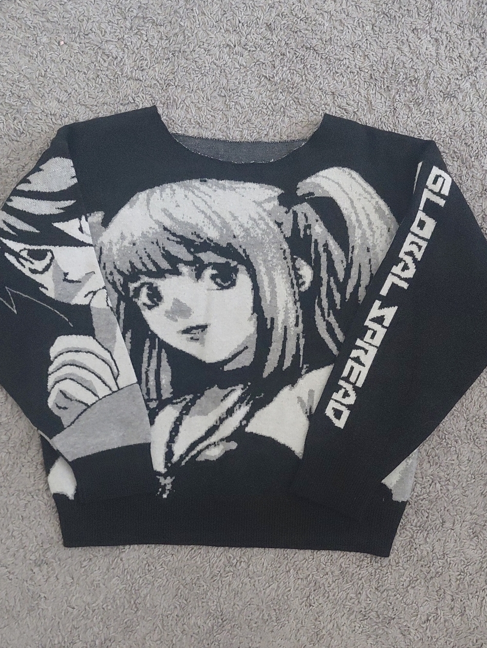 Black and Gray Graphic Anime Crewneck Sweater